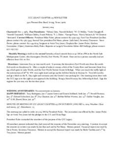 CCC LEGACY CHAPTER 123 NEWSLETTER 3412 Pleasant Run Road, Irving, Texas[removed]January 2014 Chartered: Nov. 1, 1985. Past Presidents: *Nelson Oats, *Harold Ballard, *W. O. Mullin, *Verle Oringderff, *Harold Trammell, *Wil