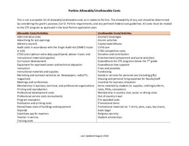 Perkins Allowable/Unallowable Costs This is not a complete list of allowable/unallowable costs as it relates to Perkins. The allowability of any cost should be determined by considering the grant’s purpose, Carl D. Per