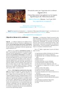 Demande	de	soutien	pour	l’organisation	de	la	conférence  Algotelèmes	Rencontres	Francophones	sur	les	Aspects Algorithmiques	des	Télécommunications Hôtel	Le	Panorama,	Beaune,	2	au	5	juin	2015