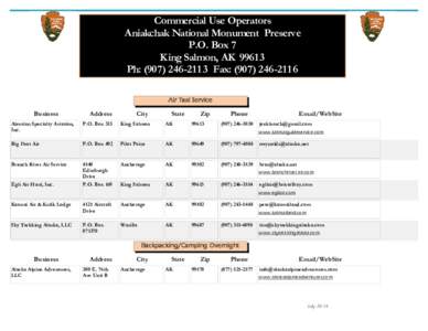Commercial Use Operators Aniakchak National Monument Preserve P.O. Box 7 King Salmon, AK[removed]Ph: ([removed]Fax: ([removed]Air Taxi Service