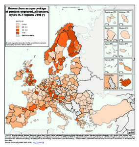 Researchers as a percentage of persons employed, all sectors, by NUTS 2 regions, 2008 (¹) 0