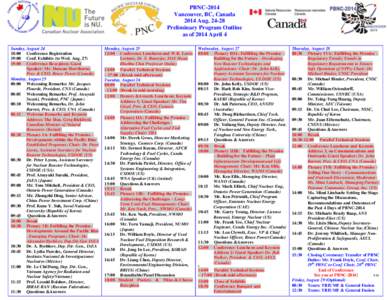 PBNC-2014 Vancouver, BC, Canada 2014 AugPreliminary Program Outline as of 2014 April 4 Sunday, August 24
