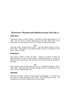 Directions to Plumbers and Pipefitters Local Union No