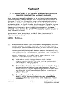 Attachment A 15 DAY MODIFICATIONS TO THE ORIGINAL PROPOSED REGULATION FOR REDUCING EMISSIONS FROM CONSUMER PRODUCTS Note: Shown below are staff’s modifications to the originally proposed regulatory text set forth in Ap