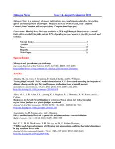 Nitrogen News  Issue 14, August/September 2010 Nitrogen News is a summary of recent publications, news and reports related to the cycling, effects and management of nitrogen. Prepared by Mary O’Brien and Jana Compton.