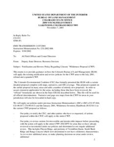 UNITED STATES DEPARTMENT OF THE INTERIOR BUREAU OF LAND MANAGEMENT COLORADO STATE OFFICE 2850 YOUNGFIELD STREET LAKEWOOD, COLORADO[removed]November 7, 2001