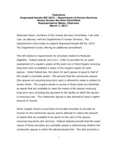 Testimony Engrossed Senate Bill 2072 – Department of Human Services House Human Services Committee Representative Weisz, Chairman March 7, 2011