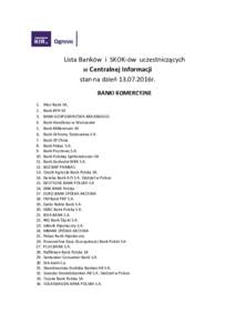 Lista Banków i SKOK-ów uczestniczących w Centralnej Informacji stan na dzień 13.07.2016r. BANKI KOMERCYJNE 1. 2.