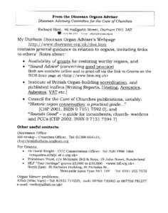 From the Diocesen Organs Adviser Diocesan Aduisory Committee for the Care of Clwrclrcs Richard Hird, a6 Hallgarth Street, Durham DH1 3AT t  otst-f86-zsot Earail: rdhird(@uresme.org.uk