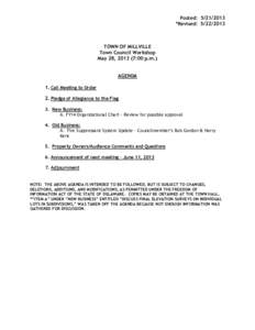 Posted: [removed] *Revised: [removed]TOWN OF MILLVILLE Town Council Workshop May 28, [removed]:00 p.m.)