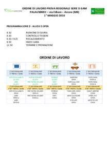 ORDINE DI LAVORO PROVA REGIONALE SERIE D GAM PALAUNIMEC – via Edison – Arcore (MB) 1° MAGGIO 2016 PROGRAMMA SERIE D - ALLIEVI E OPEN 8.30