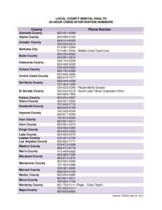 LOCAL COUNTY MENTAL HEALTH 24-HOUR CRISIS INTERVENTION NUMBERS County Alameda County Alpine County