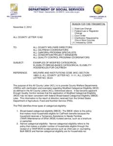 REASON FOR THIS TRANSMITTAL  November 2, 2012 ALL COUNTY LETTER 12-62