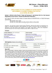 BIC GROUP – PRESS RELEASE CLICHY – 10 MAY 2016 DISCLOSURE OF TOTAL NUMBER OF VOTING RIGHTS AND NUMBER OF SHARES FORMING THE CAPITAL AS OF APRIL 30, 2016 Article LII of the French “Code de Commerce” and Art