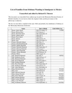 List of Families from Schönau Wanting to Immigrate to Mexico Transcribed and edited by Richard D. Thiessen This document was transcribed from a photocopy located in the Mennonite Historical Society of British Columbia. 