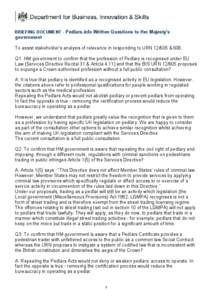 BRIEFING DOCUMENT - Pedlars.info Written Questions to Her Majesty’s government