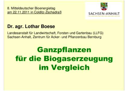 8. Mitteldeutscher Bioenergietag amin Colditz-Zschadraß Dr. agr. Lothar Boese Landesanstalt für Landwirtschaft, Forsten und Gartenbau (LLFG) Sachsen-Anhalt, Zentrum für Acker- und Pflanzenbau Bernburg