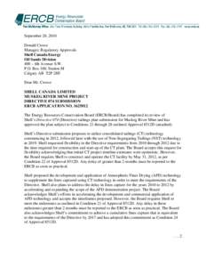 September 20, 2010 Donald Crowe Manager, Regulatory Approvals Shell Canada Energy Oil Sands Division 400 – 4th Avenue S.W.