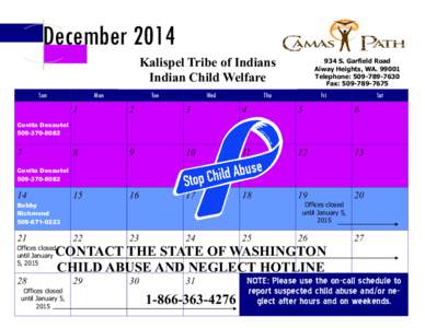 December 2014 Kalispel Tribe of Indians Indian Child Welfare Sun  Mon