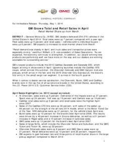 For Immediate Release: Thursday, May 1, 2014  GM Grows Total and Retail Sales in April Retail Market Share up from March  DETROIT – General Motors Co. (NYSE: GM) dealers delivered 254,076 vehicles in the