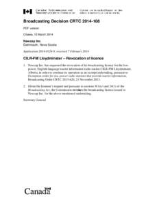 Broadcasting Decision CRTC[removed]PDF version Ottawa, 10 March 2014 Newcap Inc. Dartmouth, Nova Scotia