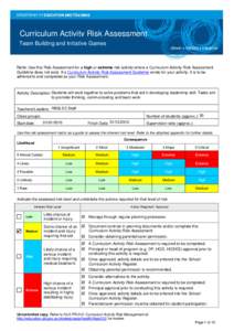 Curriculum Activity Risk Assessment Team Building and Initiative Games Note: Use this Risk Assessment for a high or extreme risk activity where a Curriculum Activity Risk Assessment Guideline does not exist. If a Curricu