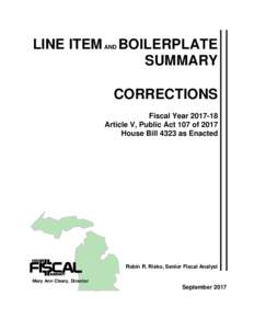 LINE ITEM AND BOILERPLATE SUMMARY CORRECTIONS Fiscal YearArticle V, Public Act 107 of 2017 House Bill 4323 as Enacted