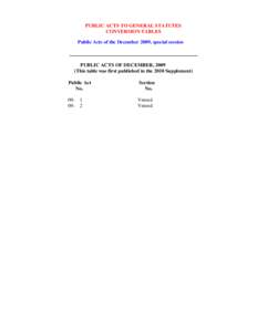 PUBLIC ACTS TO GENERAL STATUTES CONVERSION TABLES Public Acts of the December 2009, special session ___________________________________________________ PUBLIC ACTS OF DECEMBER, 2009 (This table was first published in the