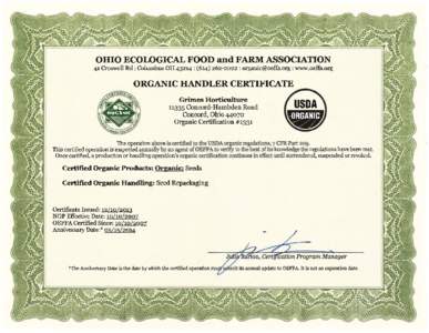 OHIO ECOLOGICAL FOOD and FARM ASSOCIATION 41 Croswell Rd: Columbus OR 43214: ([removed]: [removed]: www.oeffa.org ORGANIC HANDLER CERTIFICATE Grimes Horticulture[removed]Concord-Hambden Road