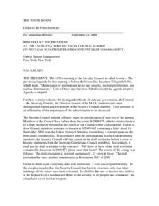 THE WHITE HOUSE Office of the Press Secretary ________________________________________________________________ For Immediate Release September 24, 2009 REMARKS BY THE PRESIDENT