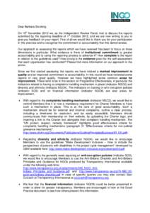 Dear Barbara Stocking, On 15th November 2012 we, as the Independent Review Panel, met to discuss the reports submitted by the reporting deadline of 1st October 2012, and we are now writing to you to give you feedback on 