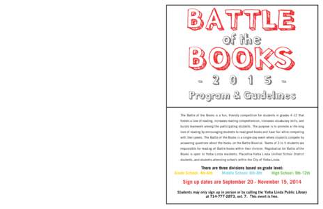 BATTLE of the BOOKS B O O K L I S T S[removed]GRADE SCHOOL ~ 4TH-6TH GRADE TITLE HIGH SCHOOL ~ 9TH-12TH GRADE TITLE