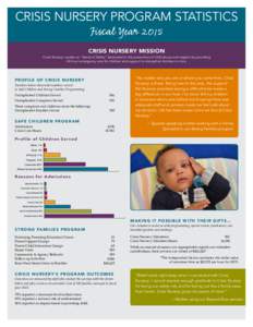 CRISIS NURSERY PROGRAM STATISTICS Fiscal Year 2015 CRISIS NURSERY MISSION Crisis Nursery creates an “Island of Safety” dedicated to the prevention of child abuse and neglect by providing 24-hour emergency care for ch