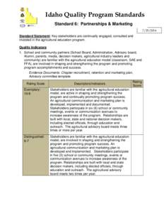 Idaho Quality Program Standards Standard 6: Partnerships & Marketing[removed]Standard Statement: Key stakeholders are continually engaged, consulted and invested in the agricultural education program.