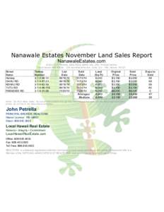 Nanawale Estates November Land Sales Report NanawaleEstates.com ©2014 John Petrella, REALTOR® ABR® GRI, SFR, Principal Broker Local Hawaii Real EstateKamehameha Ave, SuiteHilo, Hawaii 96720