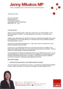 Jenny Mikakos MP STATE MEMBER NORTHERN METROPOLITAN REGION * *