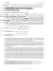 J. Intell. Syst. 2015; aop  Ross Sparks*, Branko Celler, Chris Okugami, Rajiv Jayasena and Marlien Varnfield Telehealth Monitoring of Patients in the Community