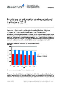 Education[removed]Providers of education and educational institutions 2014 Number of educational institutions fell further, highest number of closures in the Region of Pirkanmaa