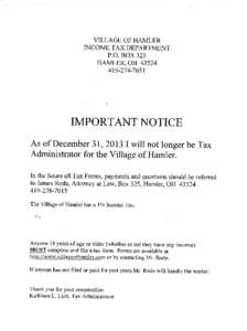 VILLAGE OF HAMLER INCOME TAX DEPARTMENT P.O. BOX 325 HAMLER, OH[removed]