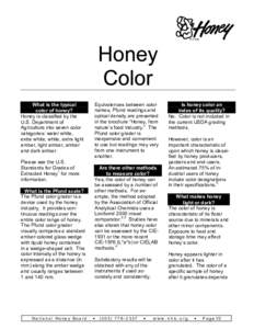 What is the typical color of honey? Honey is classified by the U.S. Department of Agriculture into seven color categories: water white,