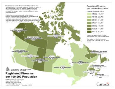 Registered Firearms per 100,000 Population* The Firearms Act requires that all non-restricted, restricted and prohibited firearms in Canada be registered. This links the firearm to the licensed owner in the CFIS database