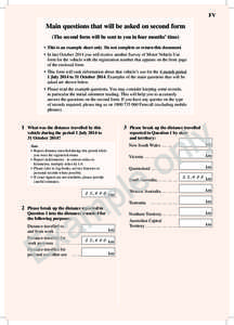 FV  Main questions that will be asked on second form (The second form will be sent to you in four months’ time) •	 This is an example sheet only. Do not complete or return this document. •	 In late October 2014 you