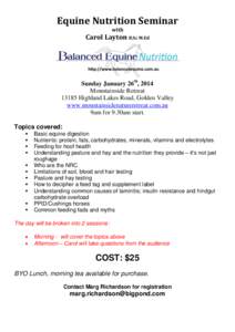 Equine Nutrition Seminar with Carol Layton B.Sc M.Ed  Sunday January 26th, 2014