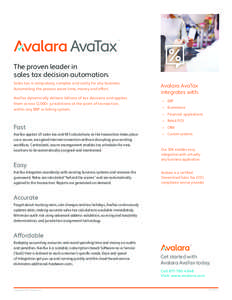 The proven leader in sales tax decision automation. Sales tax is compulsory, complex and costly for any business. Automating the process saves time, money and effort. AvaTax dynamically delivers billions of tax decisions