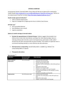 ATENOLOL SHORTAGE Several generic brands of atenolol tablets 25mg, 50mg and 100 mg are approved for marketing by Health Canada (http://webprod5.hc-sc.gc.ca/dpd-bdpp/dispatch-repartition.do?lang=eng )1 and are on the Sask