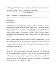 Notes pour une allocution prononcée par le recteur de l’Université Laval, monsieur Denis Brière, à l’occasion du Colloque sur l’Approche Orientante de l’Association québécoise d’information scolaire et pr