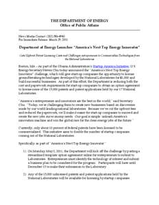 THE DEPARTMENT OF ENERGY Office of Public Affairs _____________________________________________________________________________________ News Media Contact: ([removed]For Immediate Release: March 29, 2011