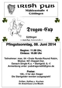 Pfingstsonntag, 08. Juni 2014 Beginn: 11.00 Uhr, Einlass: 10.00 Uhr Teilnehmer: max. 64  Erste Runde:Round Robin, Modus: 501-Doppel-Out, Danach Single-K.o.  Startgeld: 8,- €