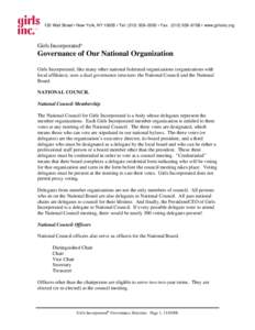 120 Wall Street • New York, NY 10005 • Tel: ([removed]–2000 • Fax: ([removed]–8708 • www.girlsinc.org  Girls Incorporated® Governance of Our National Organization Girls Incorporated, like many other national f
