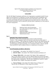 Approved 2011 Model Constitution and Bylaws for Congregations Evangelical Lutheran Church in Canada British Columbia Synod Cover Letter The 2011 BC Model Constitution and Bylaws for Congregations was drafted in the BC Sy